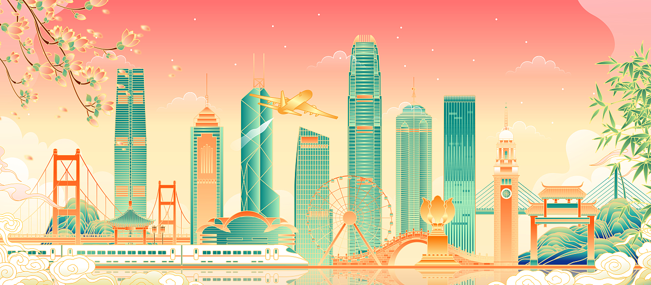 AI矢量插画/中国香港/地标建筑/国潮风