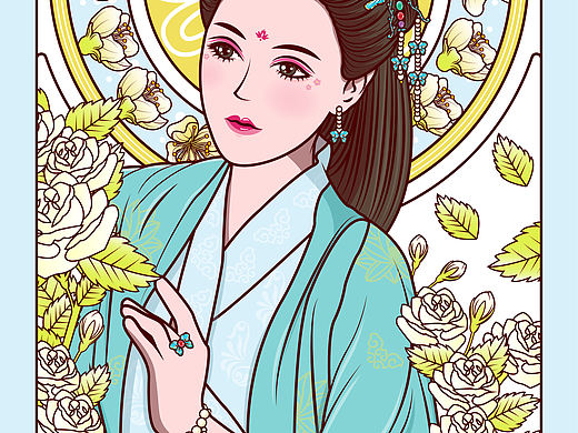 潮流插画 古风 宫廷风  鲜花 美女图