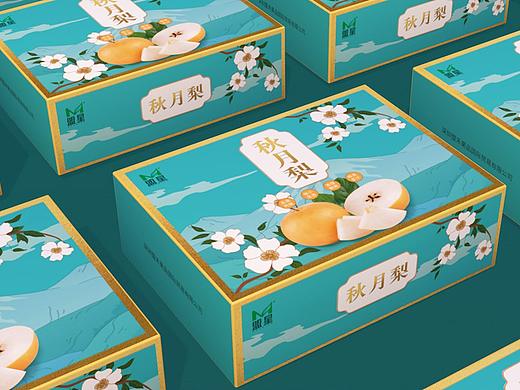 平面-秋月蜜梨水果包装礼盒高档端级轻奢清新蓝绿烫金