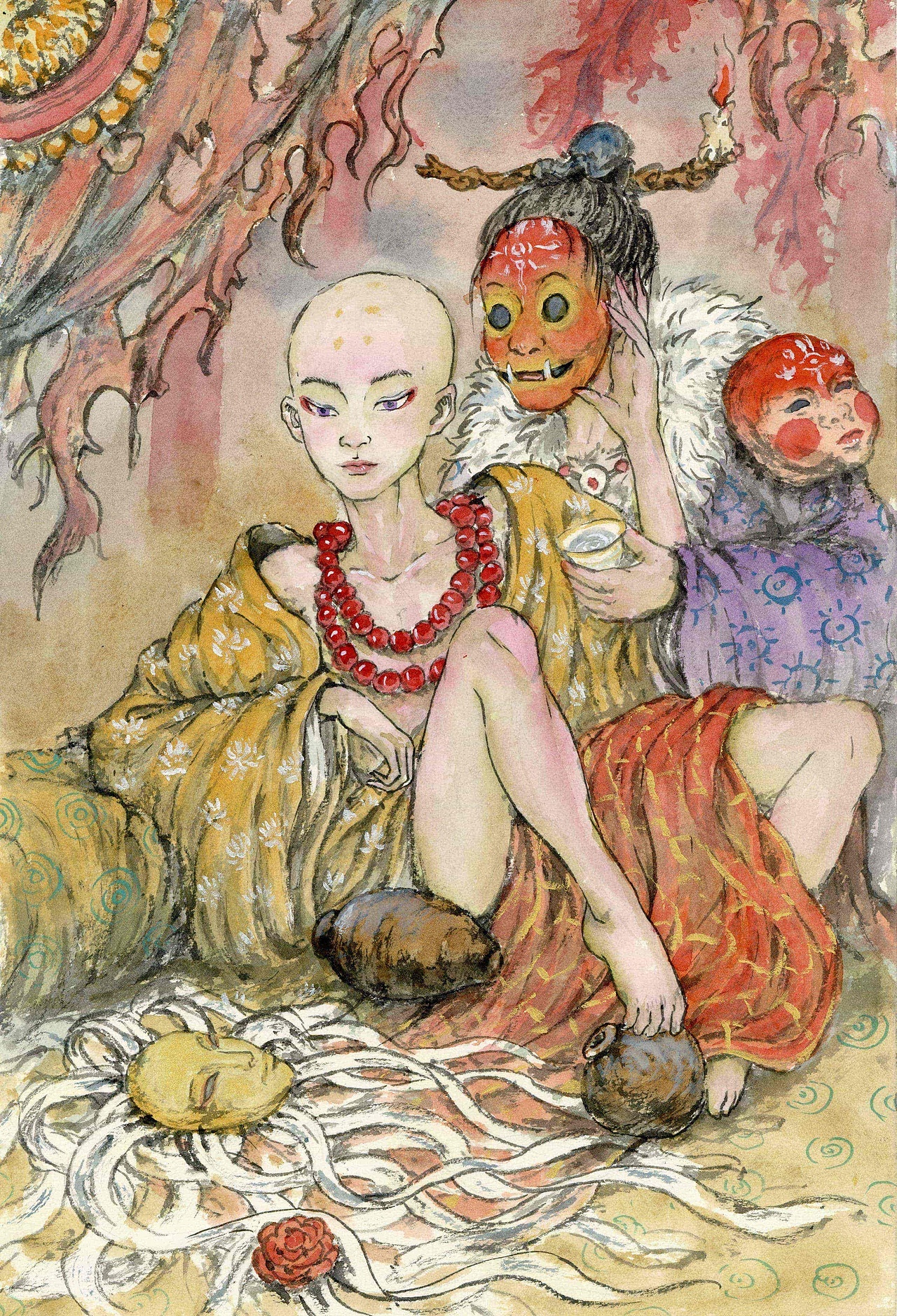 大秃 おおかぶろ
中国最长寿的彭祖有七百岁高龄,被人称为“犹慈童”,据说就是大秃的原型。在日本的那智高野也有个大秃,是个秃头豁嘴的妖怪。而鸟山石燕笔下的大秃身着菊花图案的衣服,前额剃秃,看不出是男是女。这个形象影射了在吉原街出卖男色的少年,其创作本意是讽刺当时喜好男色的破戒僧。