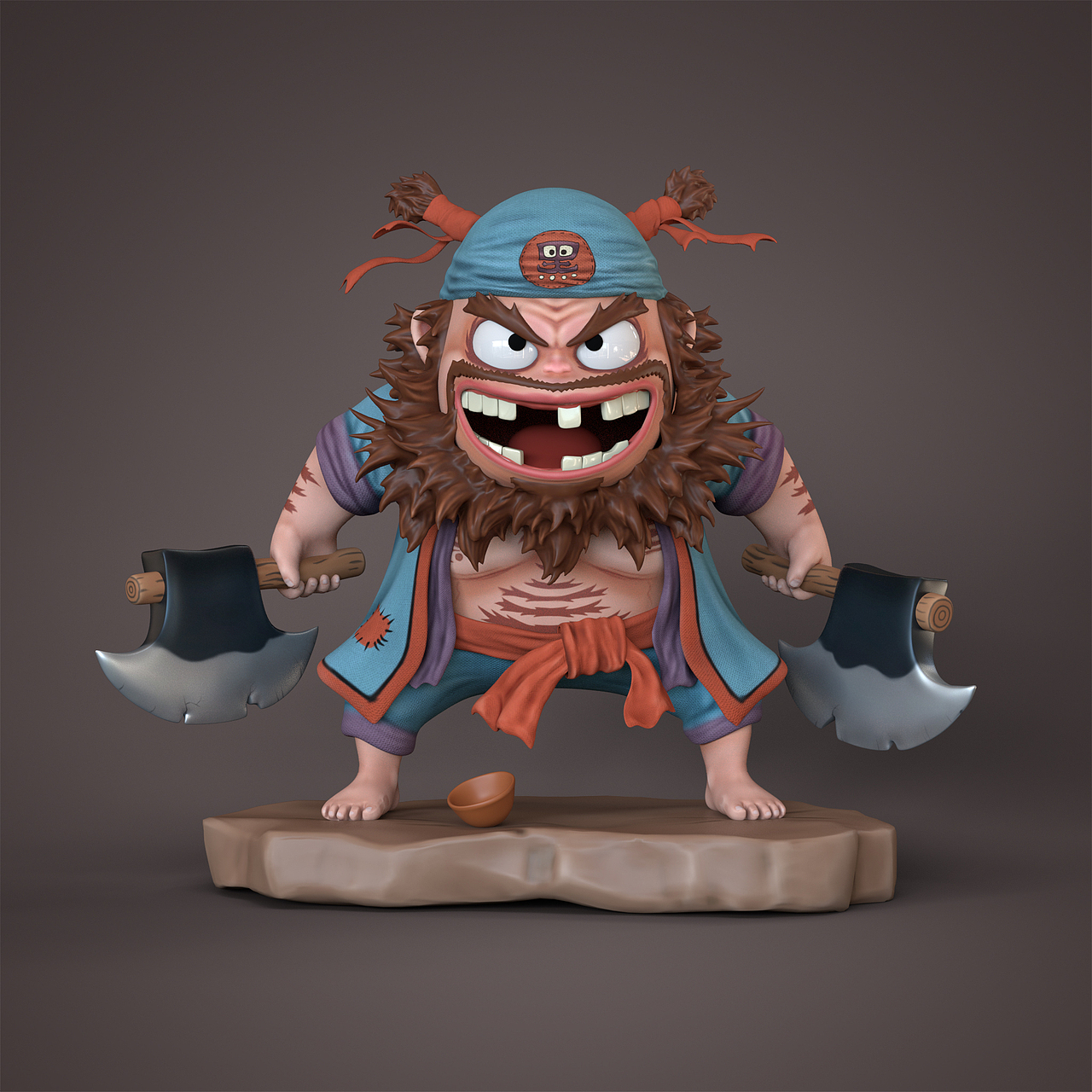 而我心目中的水浒版本是q版的卡通形象,这个贱萌版李逵是我创作的3d