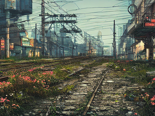 #AI创作实验室#老旧铁路,破败城市,花草树木