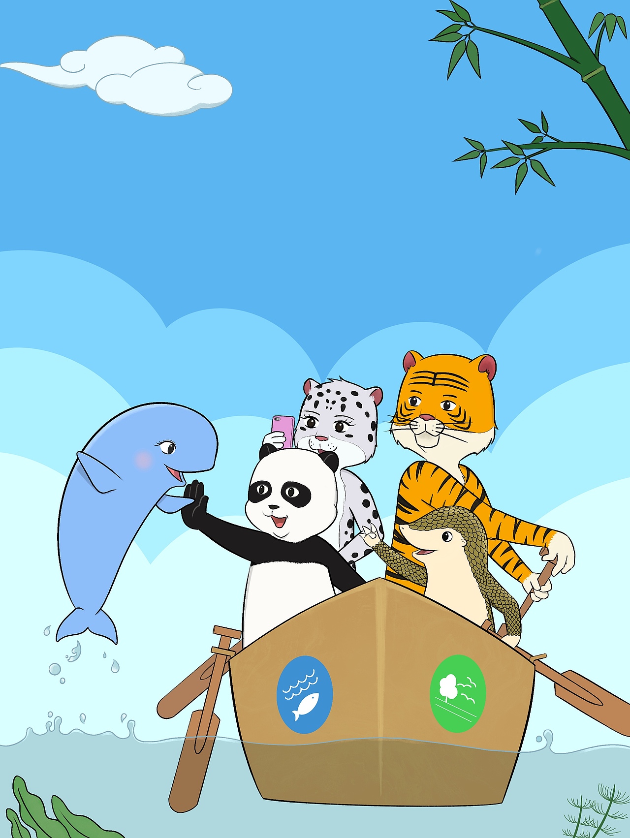 胖達(dá)和小伙伴們泛舟江上偶遇另一個(gè)小伙伴江豚（圖ZMzUyODk5MzQ4） - 商業(yè)插畫 - 站酷設(shè)計(jì)師Sveta_Artista原創(chuàng)素材 - 站酷ZCOOL