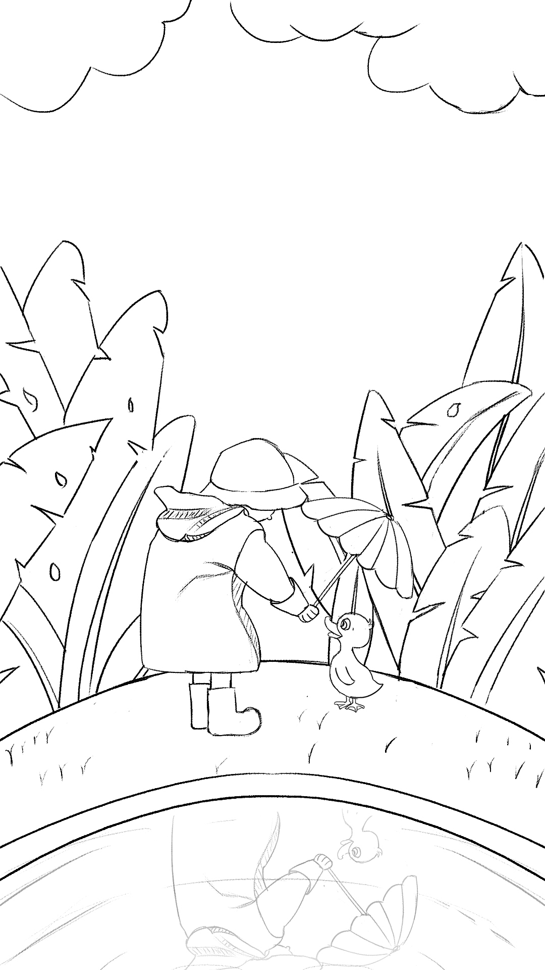 原本是想给小鸭子打伞的,画的过程中觉得,小男孩已经穿了雨衣,,应该不会再打伞了,所以改成了树叶