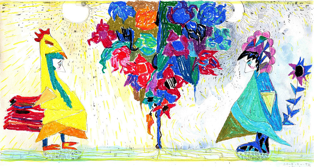 一张最初的手绘稿。
材料:油画棒,水彩颜料