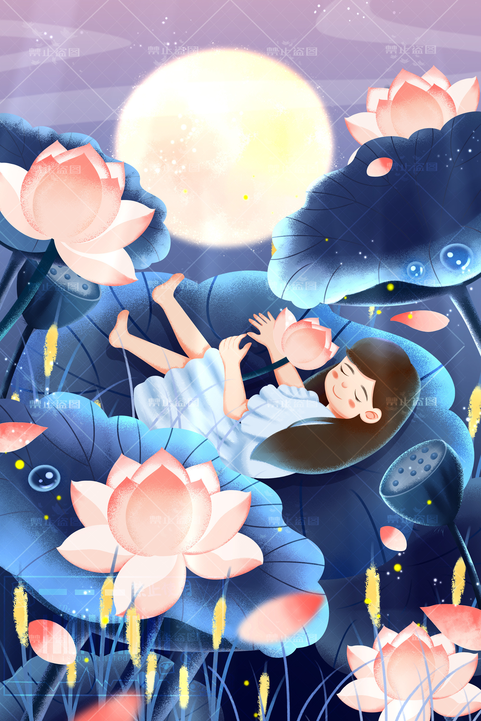 一组夏日荷塘插画 古风 现代 国潮 扁平 商稿