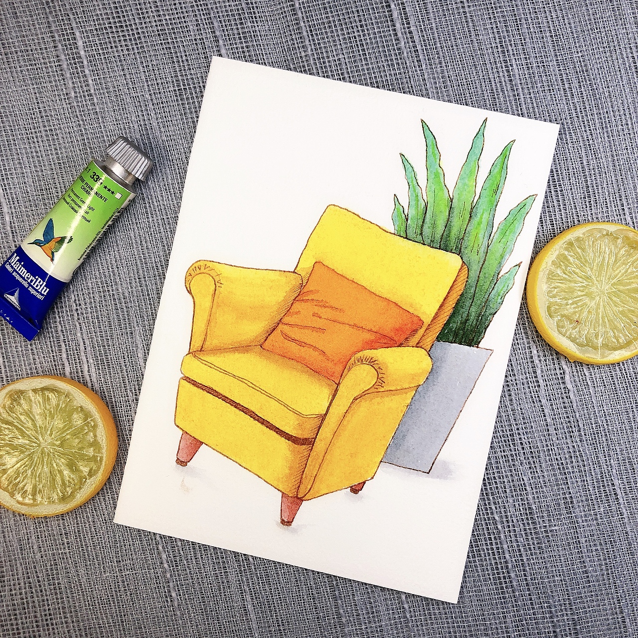 手绘水彩-钢笔淡彩小家具