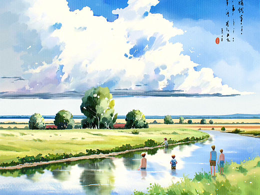 “童趣”插画设计—《小溪嬉戏》