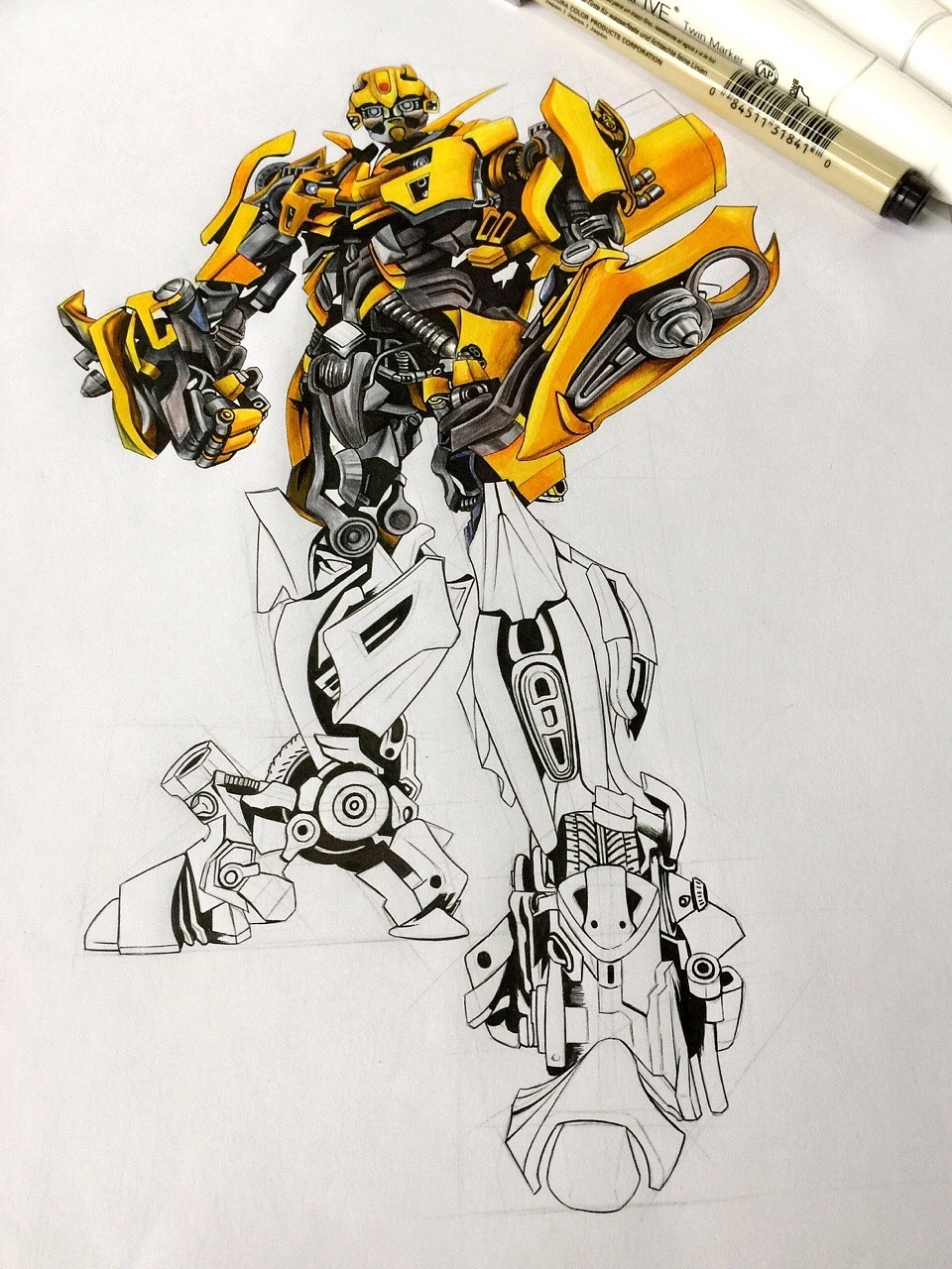 手绘汽车大黄蜂马克笔手绘