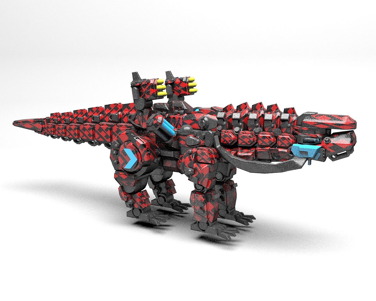 简单设计的背刺恐龙,背上有火箭发射器,头旁边的是蓝色机枪,前面的口