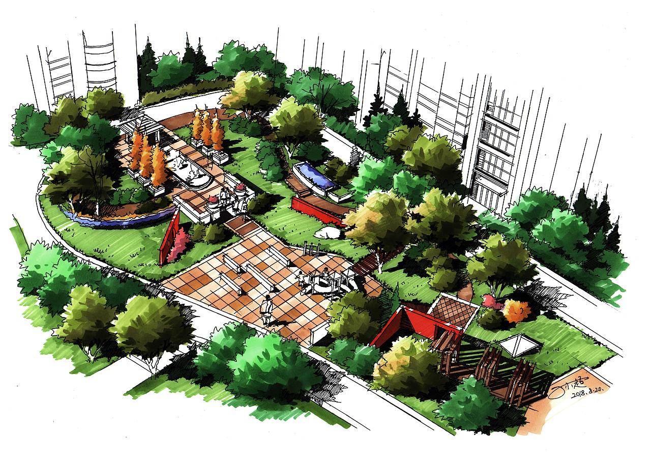 园林景观线稿步骤图上色作品欣赏(七)