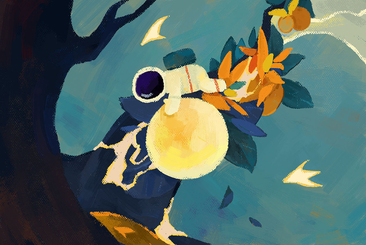 《月球航行》系列扁平肌理油画质感插画