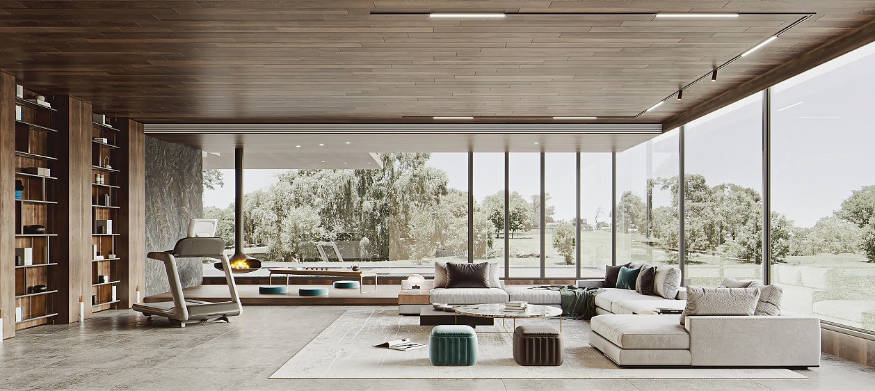 现代别墅客厅全景效果图设计