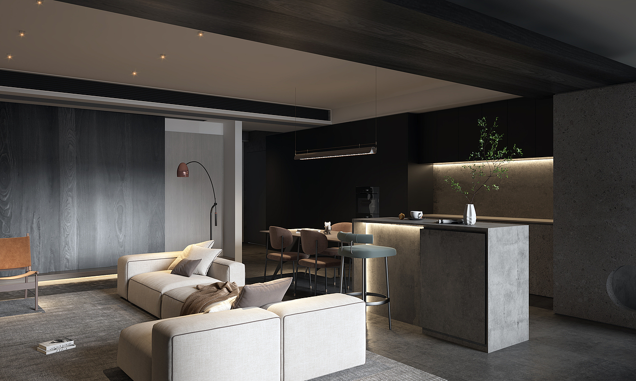 现代侘寂风别墅客厅餐厅