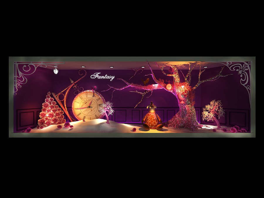 梦幻森林 奢侈品橱窗 童话橱窗 树干 时钟 花 布偶