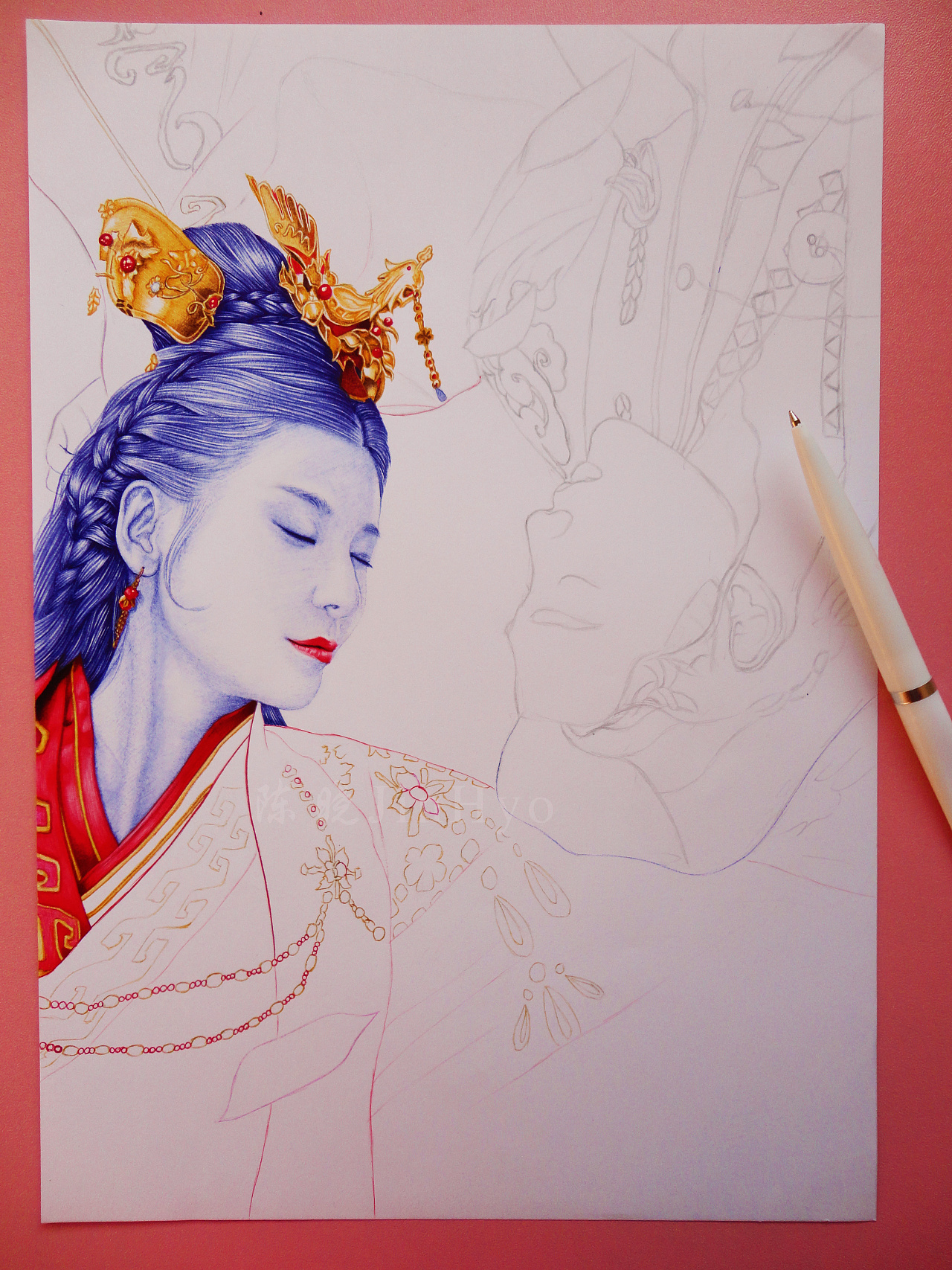 圆珠笔手绘《一夜新娘》赵昭仪袁昊