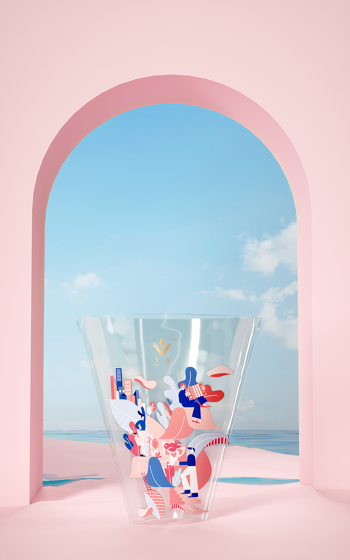 利用创意、创新的设计形态及语言来表达现代化生活追求幸福、健康乐活的积极理念。植物的叶子贯穿画面，将人们多样性的健康生活方式串联起来，营造人们提升生活品质及幸福感离不开植物陪伴的氛围。
<br>色彩上采用大胆鲜明的对比色，希望给消费者带来更新颖更高级的品牌视觉及趣味性。