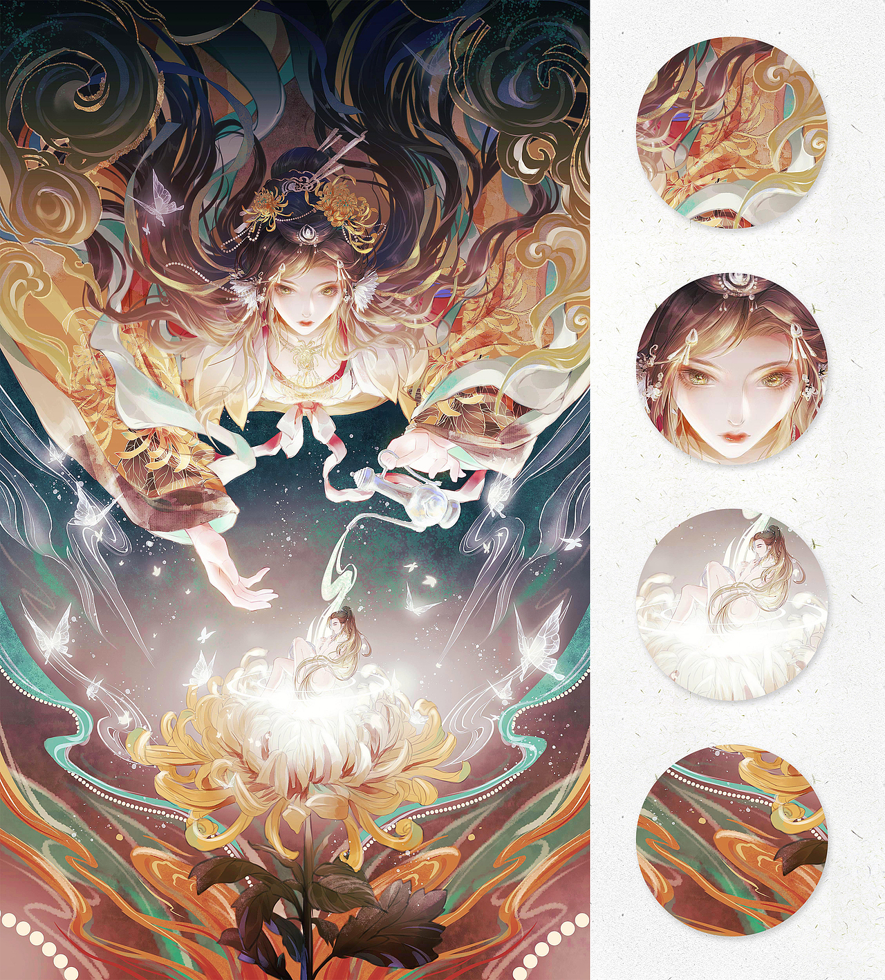 《黄英》这幅插画作品以黄金黄色为主要基调,点明画面的主人公是黄菊花精的身份特点。画面的中心点为盛开菊花中的裸体男性,他是黄英的弟弟陶三郎,因为一次意外醉酒而现了原形,从此陷入“醉死”的状态中。在那次意外之后,黄英掐下菊花的茎秆,埋在花盆中,美日浇灌美酒,数月之后终于开了花,“嗅之有酒香,名之醉陶”。“醉陶”双目紧闭,飘于花心,身体做出婴儿般的蜷缩状,身边萦绕着美酒的水波光环。发光的白色透明蝴蝶追随着浓郁飘香的酒气而来,增加了画面亦真亦幻的气息。通过使用模仿壁画质感的笔刷,可以营造出画面的古朴韵味和神秘气息。