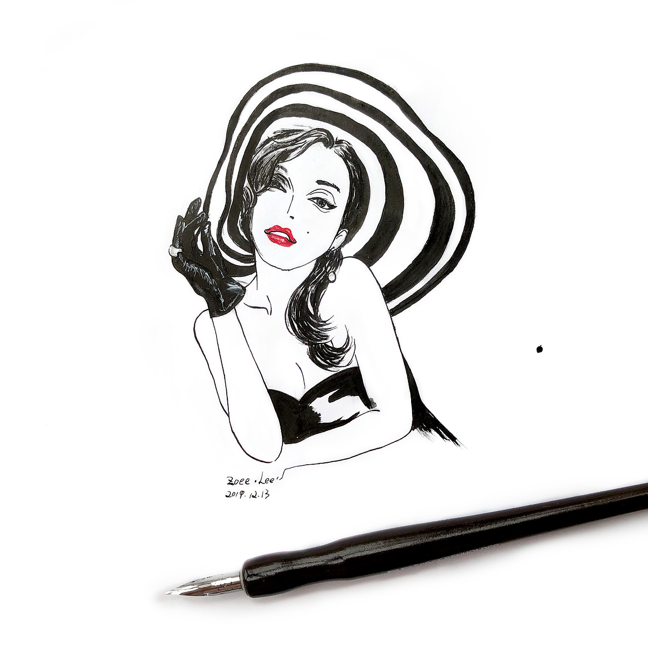 手绘时尚插画戴帽子的优雅女人们