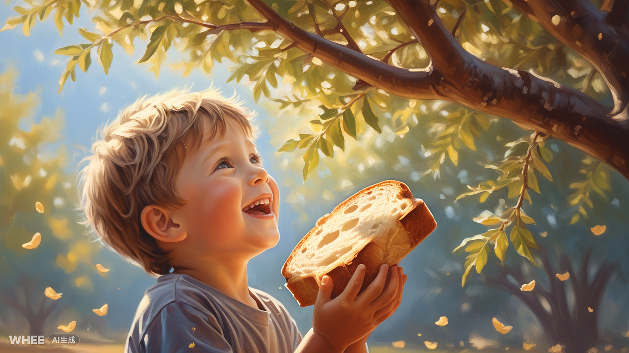 爸爸带着小汤姆来到面包树下,摘了面包给生病的妈妈吃。