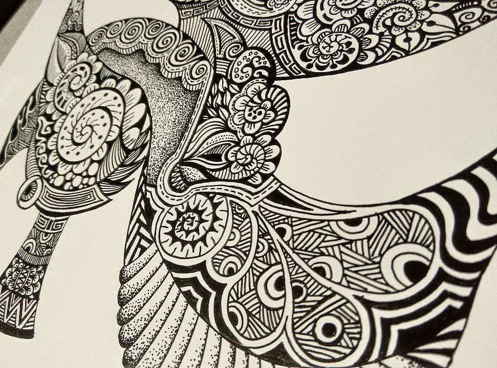 手绘黑白装饰画——海马