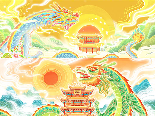 龙年喜庆龙抬头国潮风黄鹤楼古建筑场景插画