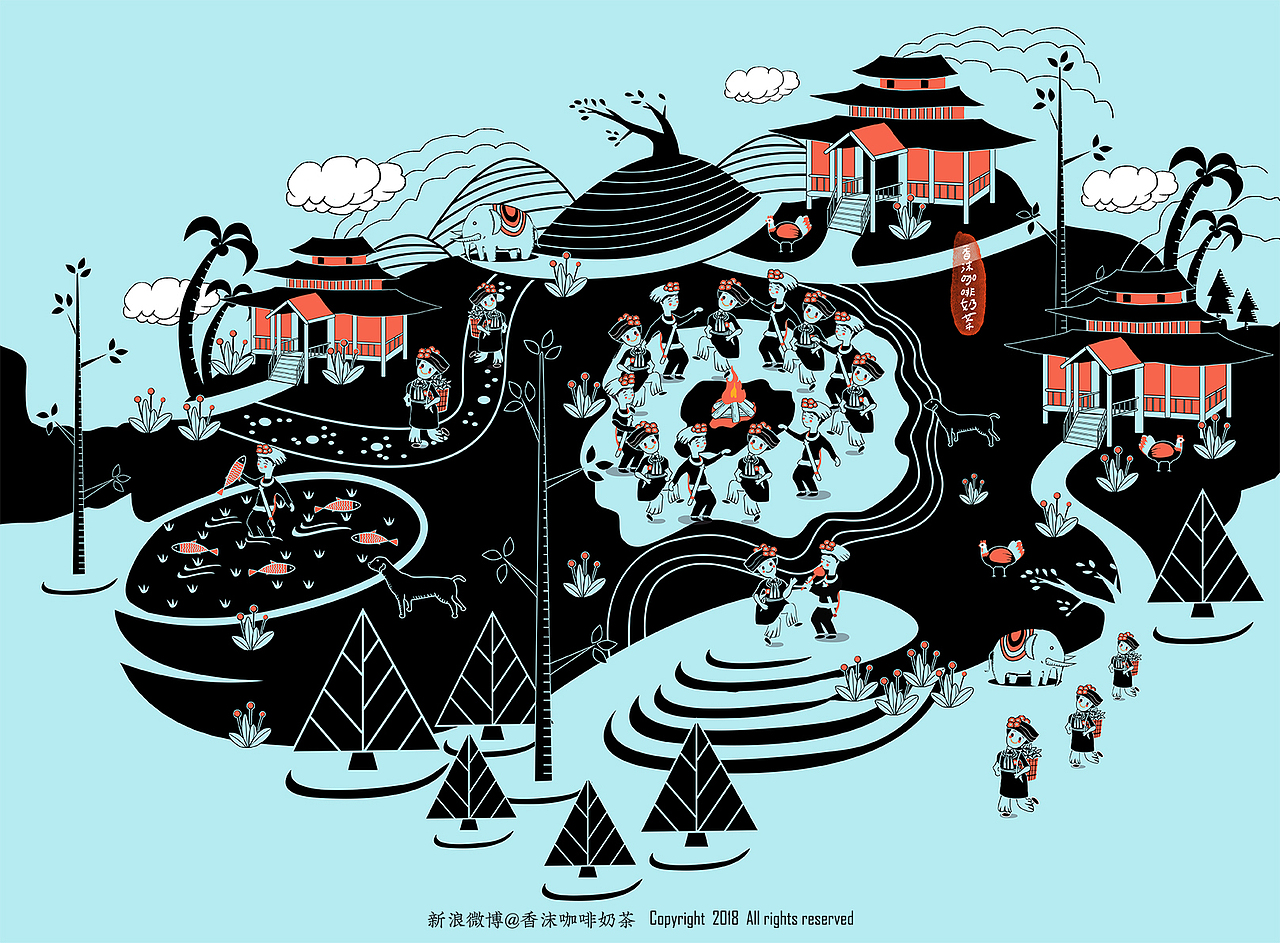 阿昌族民俗生活场景插画(两种风格尝试)