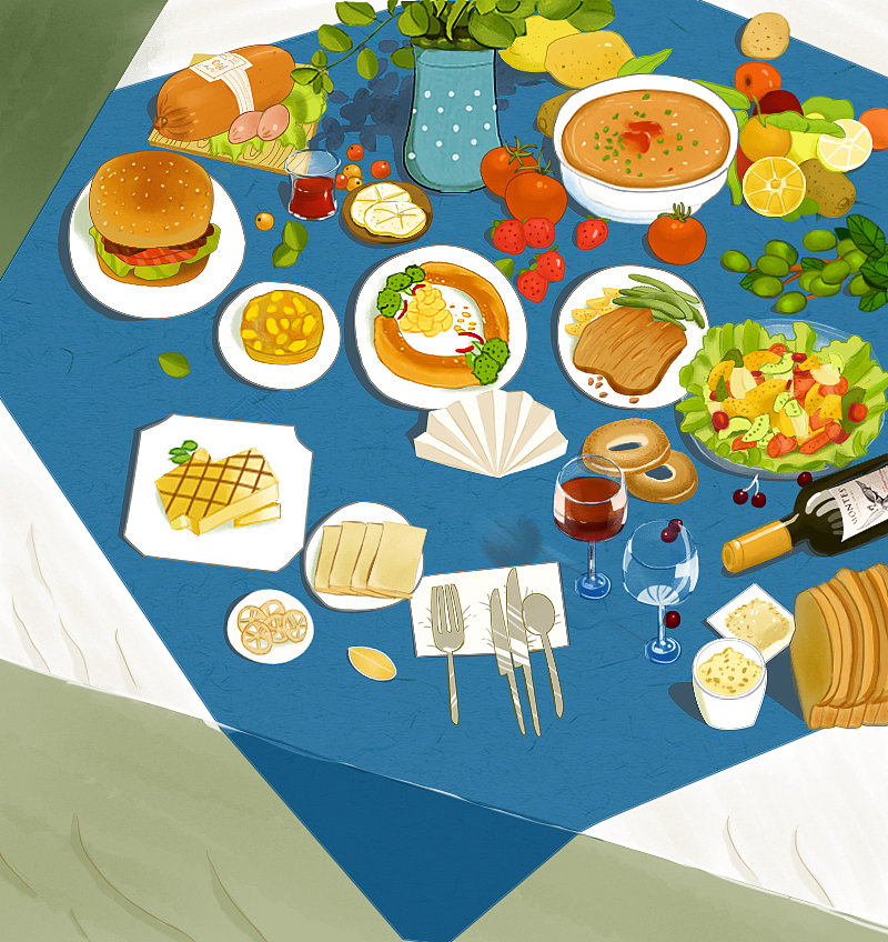 插画习作西式满汉全席蔬菜水果