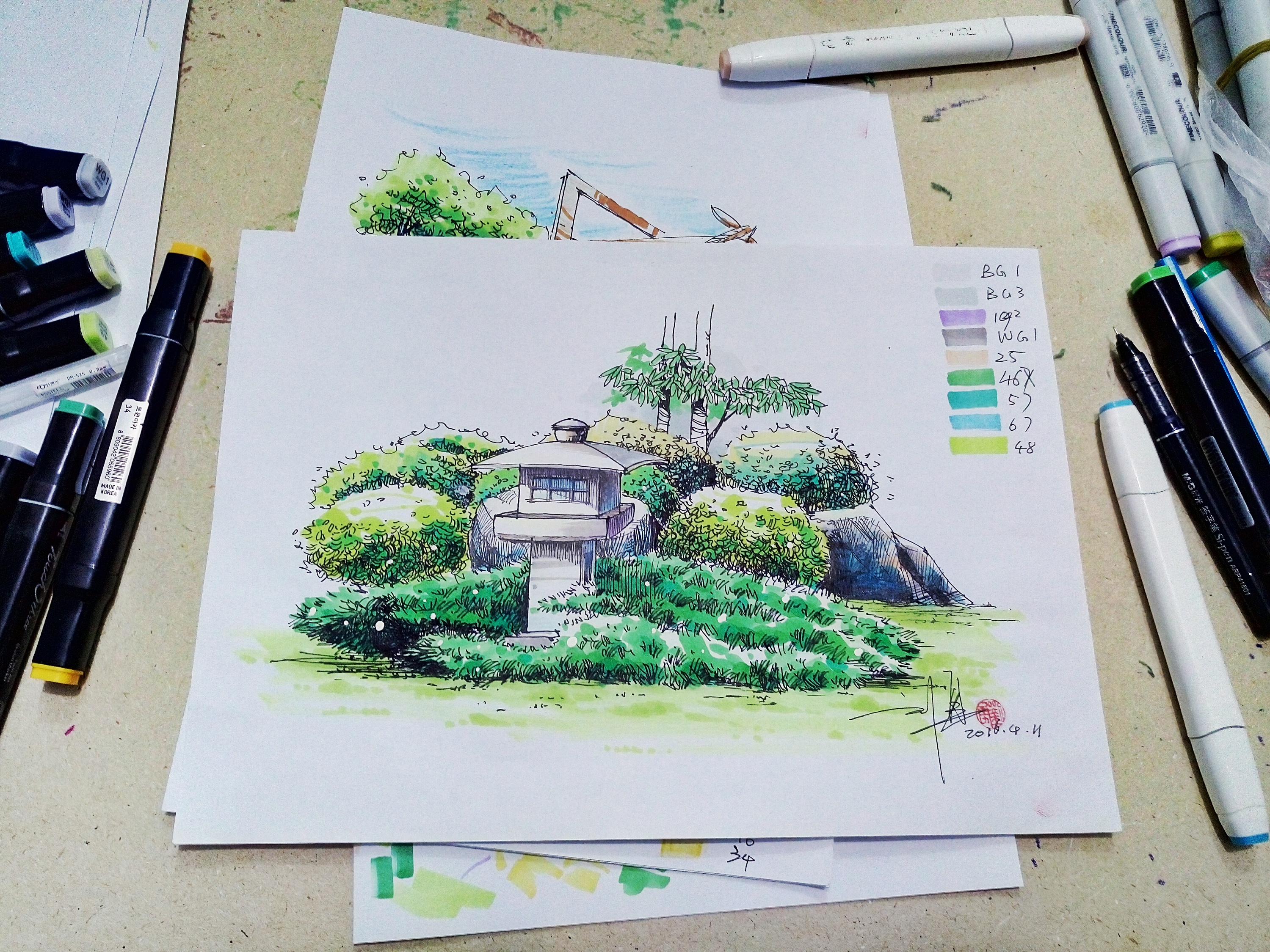 新中式景观小品手绘图片