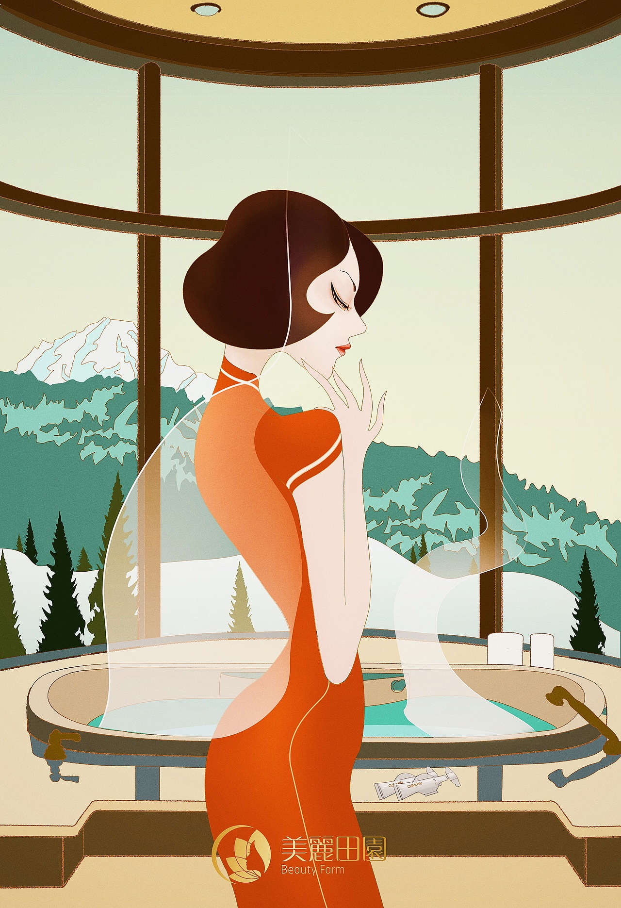 商业插画(整形项目 透明质酸 优雅女性 旗袍 圣诞)