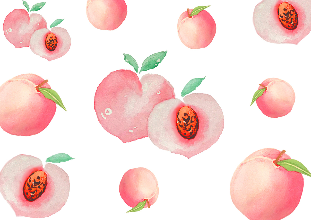 手绘水彩画水蜜桃子水果平铺壁纸作品白桃乌龙产品包装