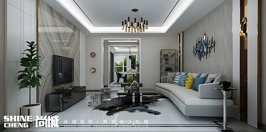 客厅:以高贵的白色及灰色大理石为基调共同搭配出低调奢华之感,拉丝面金属材质点亮了空间活力,睿智的卡其色与明快的蓝色共同诠释了空间设计的色彩美学。