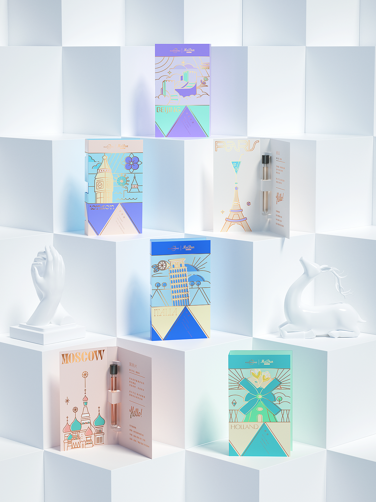 美顿香水 | 好久不见系列包装设计
-<br>美顿香水·好久不见系列包装的目标用户是“崇尚自由、时尚的女性;潮流随性生活的追求者;尝试不同香调的探索者;热爱旅游,拥抱不期而遇惊喜的女子。”<br>6款香调搭配6款城市卡片。