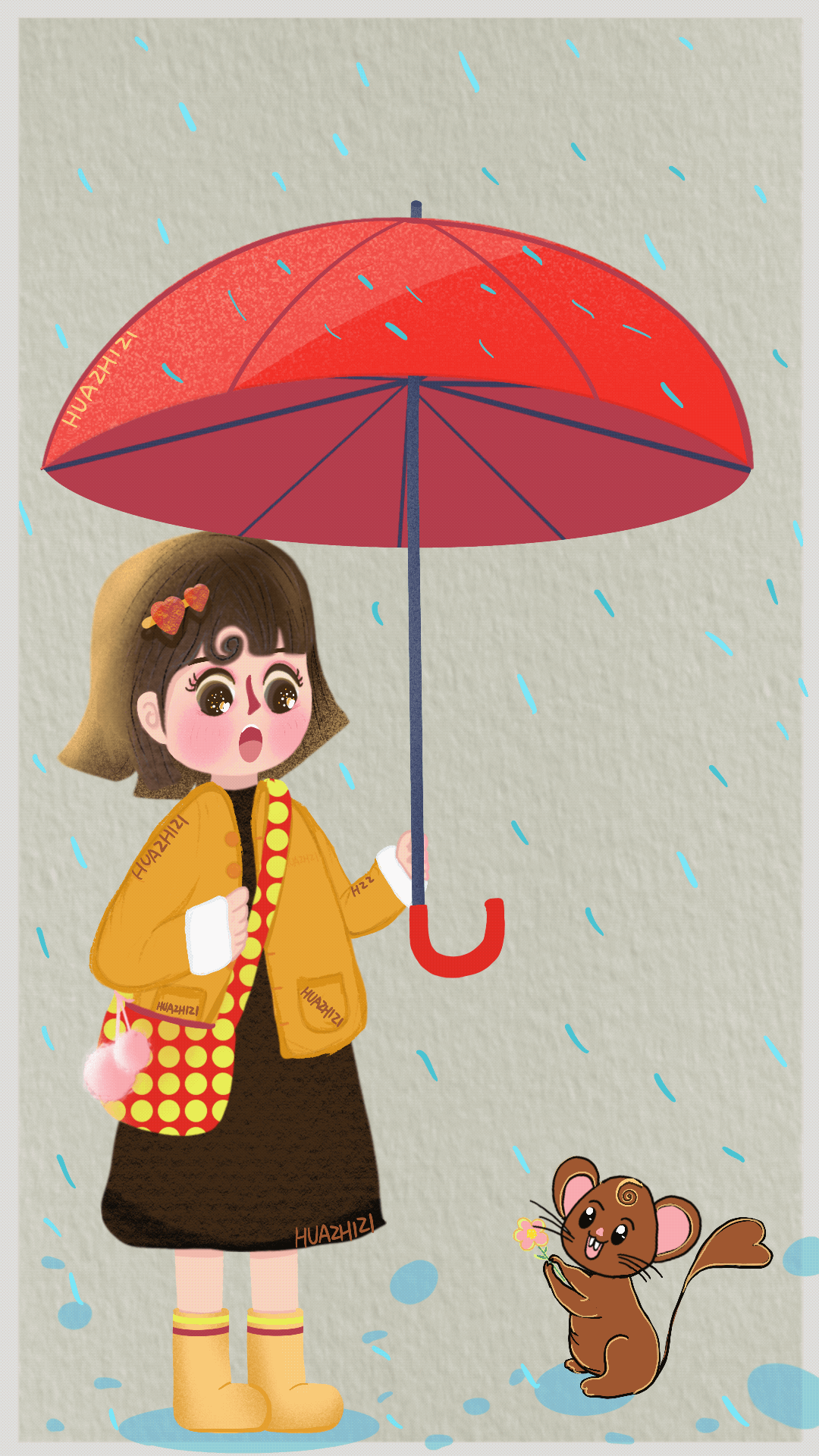 花栀子原创插画雨天打伞的女生