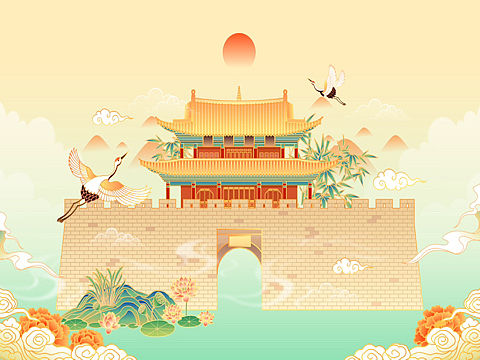 云南大理古城城市建筑矢量插画