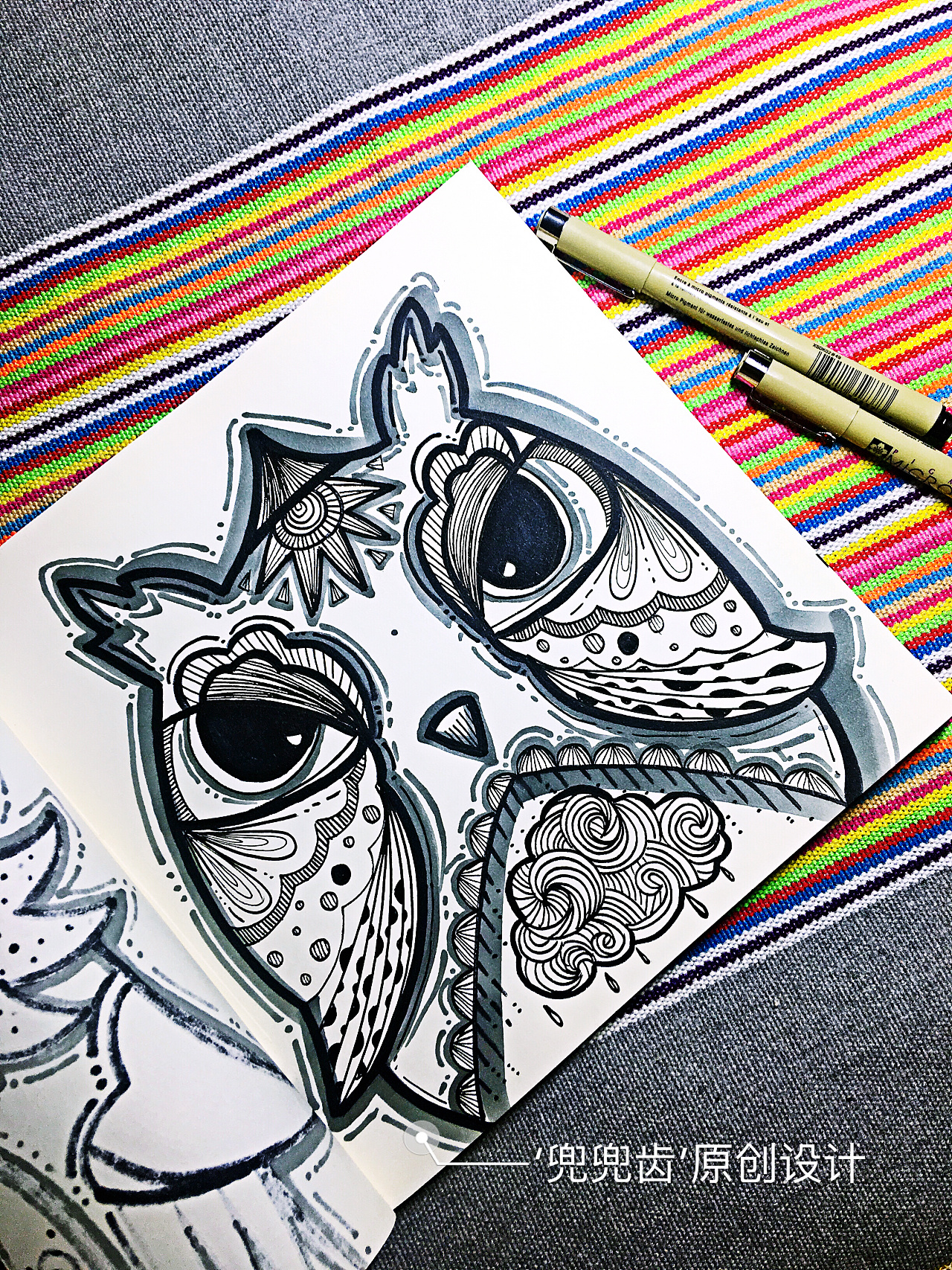 缠绕画,黑白装饰画,民族风,线描,插画,猫头鹰