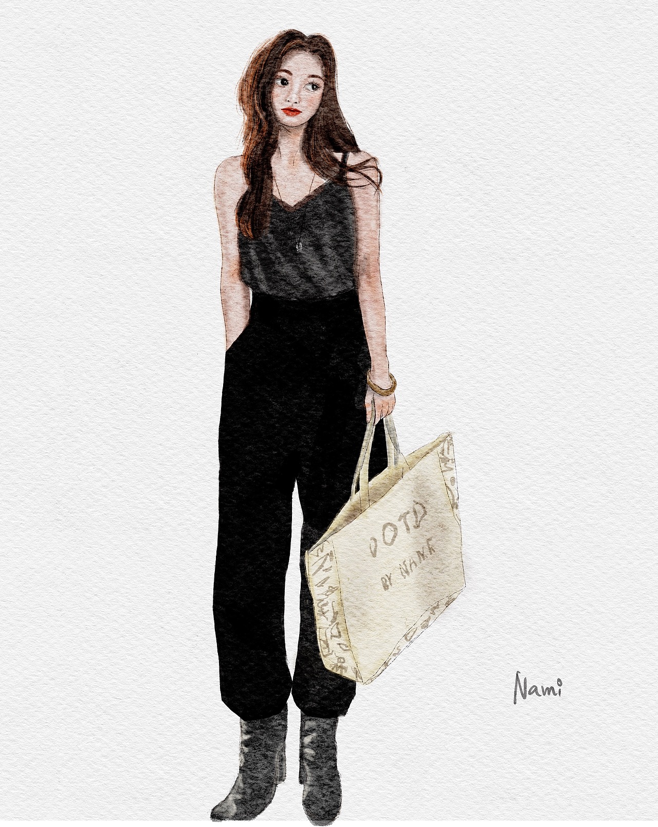 水彩风穿搭插画