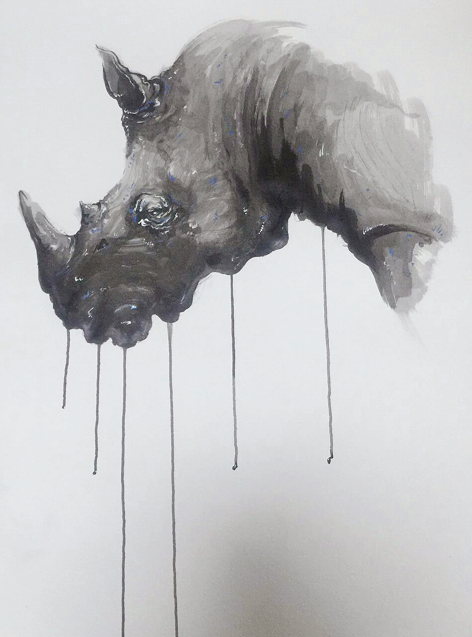 犀牛-水墨水彩结合画