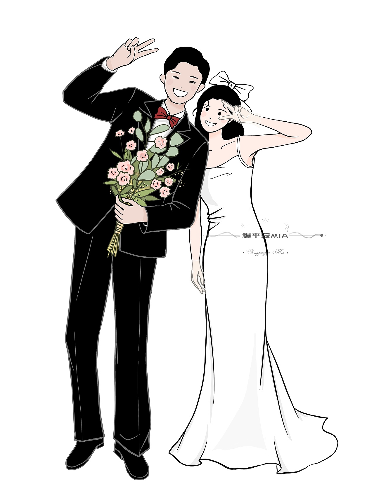 婚礼手绘卡通线条风插画