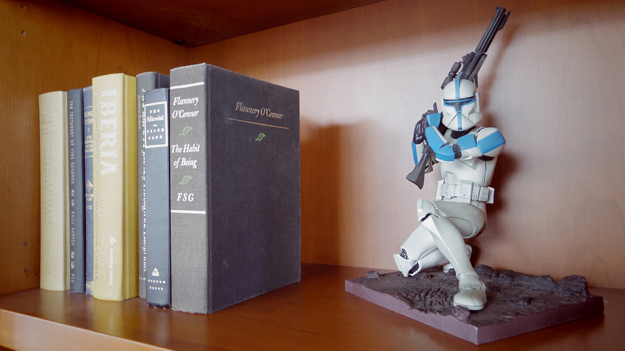 书架上的书籍与手办...