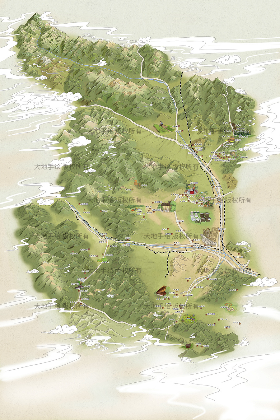 山区地貌手绘地图——大地手绘出品