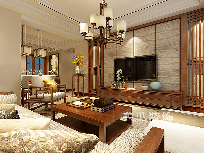 郑州美巢裕华满园119平三室两厅装修新中式风格效果图