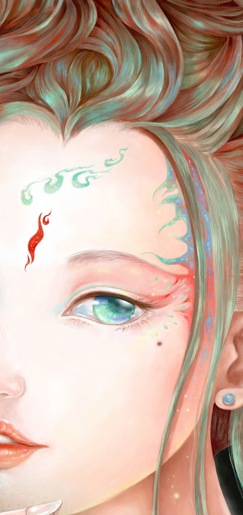 狐仙姐姐眼睛和头发局部细节——彩色的头发和眼妆。