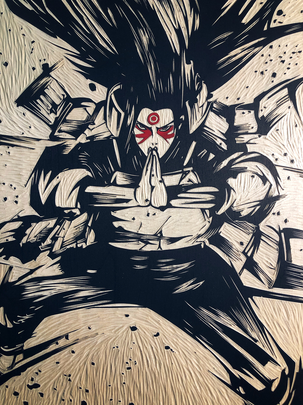 手工雕刻火影千手柱间黑白木刻版画艺术品