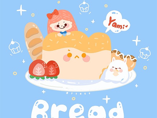一枚可爱的蓝色系卡通面包家族手机壁纸