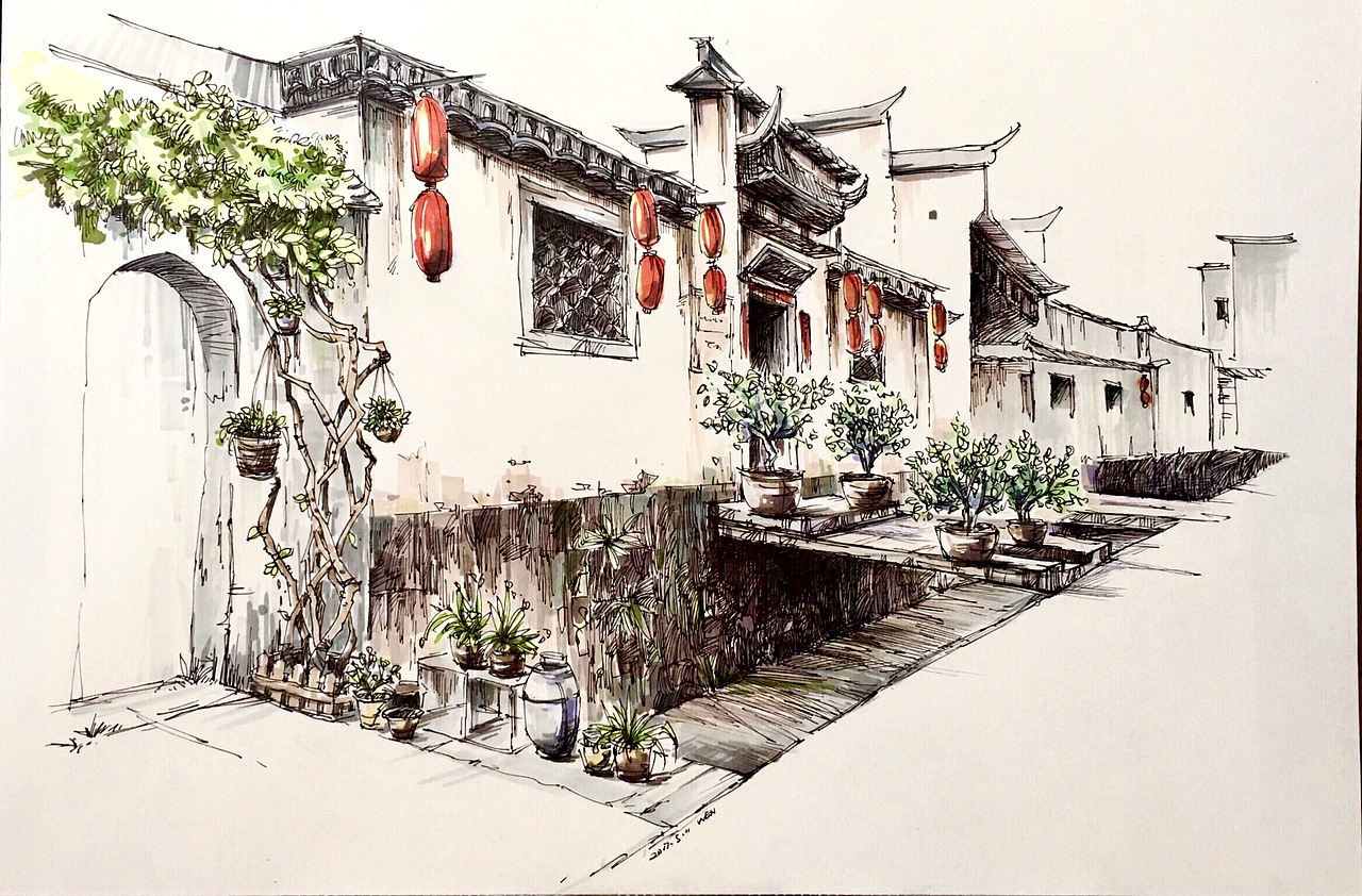 钢笔手绘（1）徽派（图ZNzkzNzc2NzY=） - 创作习作 - 站酷设计师雯小原创素材 - 站酷ZCOOL