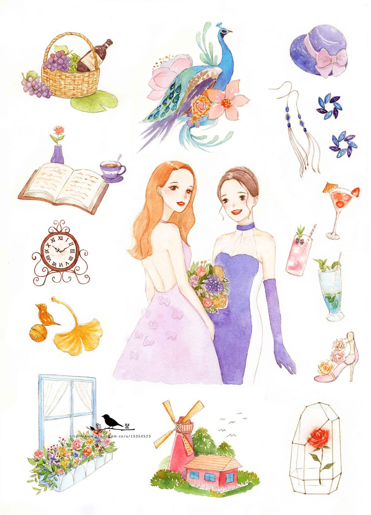 水彩贴纸-闺蜜主题（图ZMTk4NjE1NTc2） - 商业插画 - 站酷设计师阿黄本黄原创素材 - 站酷ZCOOL