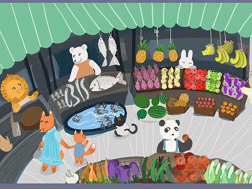 狐狸去买菜（个人主页-ZNDY1NzY3Mjg=） - 儿童插画 - 站酷设计师冷色调winyang原创素材 - 站酷ZCOOL