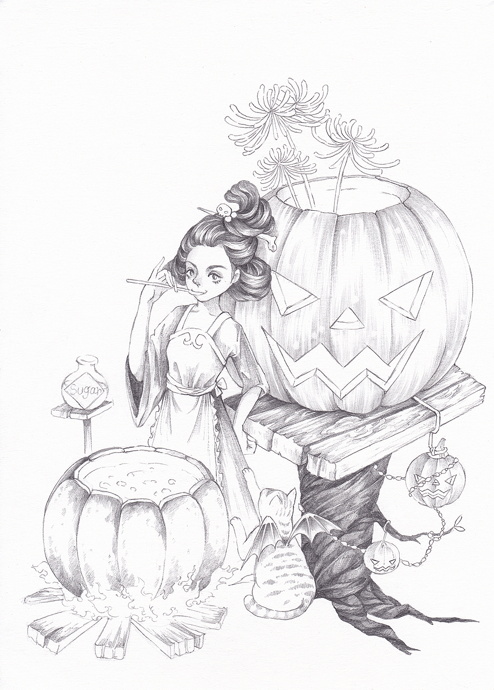 这一步我们需要给画面上一些基本的阴影,因为我个人比较喜欢铅笔的纹理。上阴影的时候要注意,下笔要轻,慢慢去习惯和感受阴影的变化。新手在这一步不要选择过软的铅笔,那样很容易画的很深,建议用HB左右硬度的铅笔即可,颜色比较深的地方,如树干和头发、袖口等可以用2B左右的铅笔。和传统意义上的素描不同的是,这里的阴影不需要我们很严格的用规范的排线方式,也不需要把明暗画得特别觉得,主要是突出纹理即可。