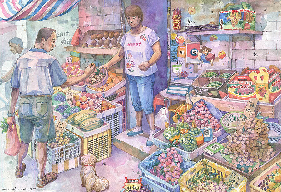 水彩插画系列:买菜